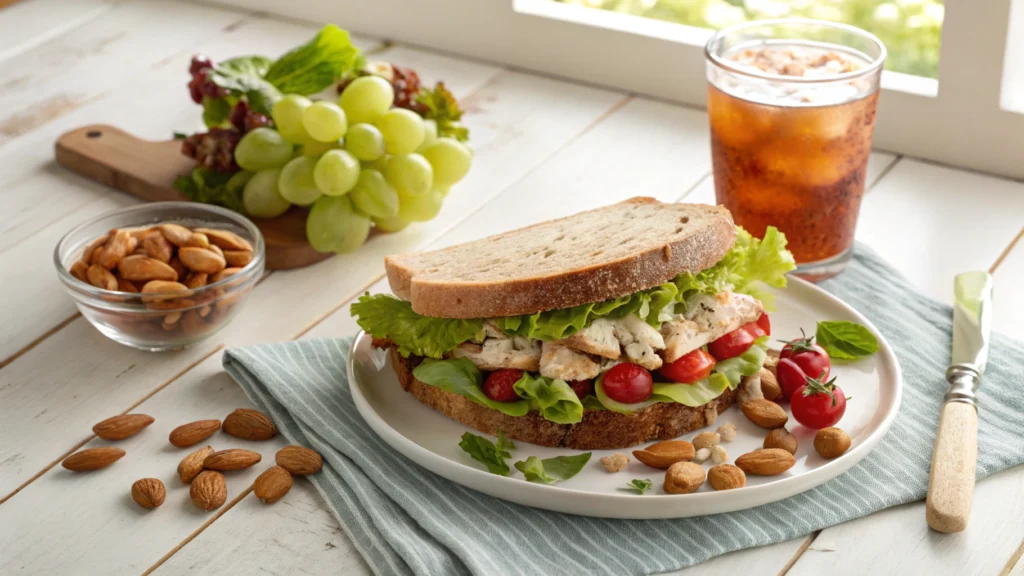 Homemade Panera chicken salad sandwich with grapes and almonds on sourdough bread, served with lettuce and iced tea.