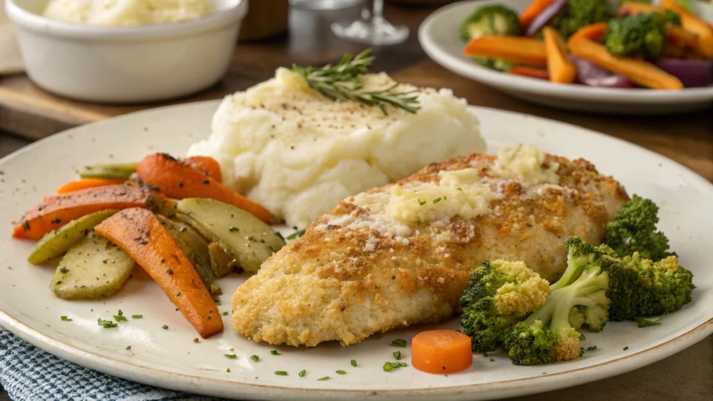 Overhead shot of parmesan-crusted chicken on a plate with mashed potatoes and roasted broccoli, garnished with parsley.