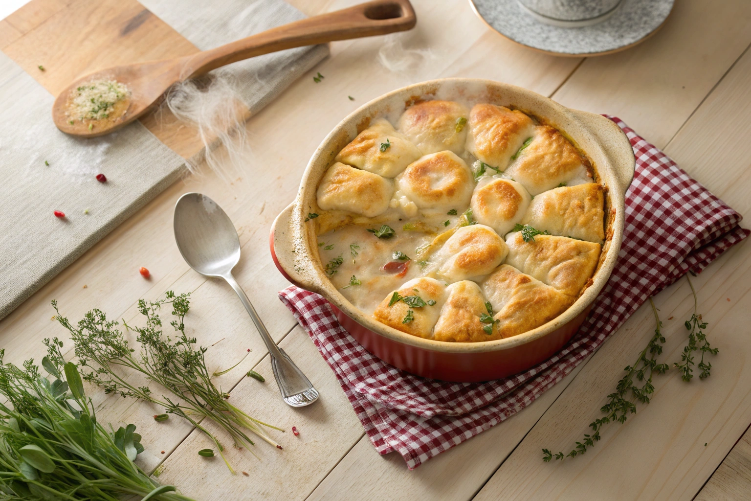 Golden-brown chicken pot pie with crescent rolls in a rustic baking dish, surrounded by fresh herbs.