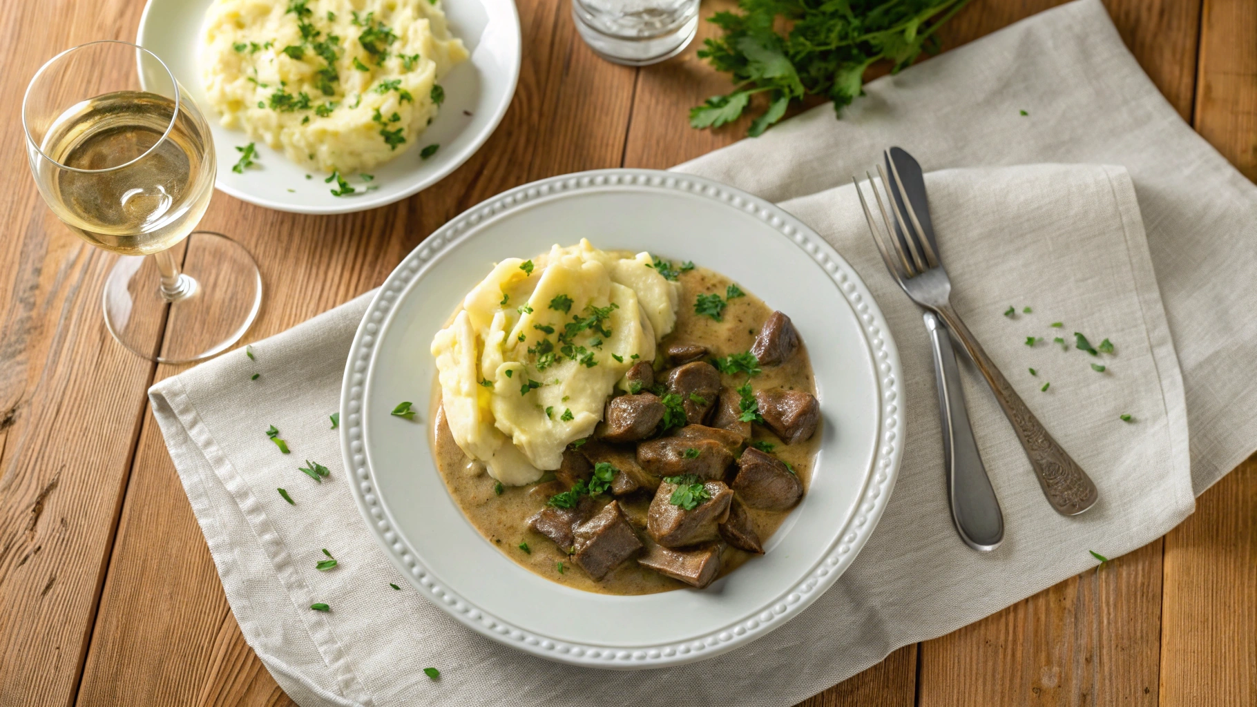 A gourmet plate of Rognon à la Moutarde, a French dish featuring beef kidneys in creamy mustard sauce, served with mashed potatoes and garnished with parsley.