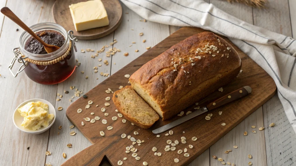 A loaf of oat molasses bread with a golden crust on a wooden board, surrounded by oats and a jar of molasses.