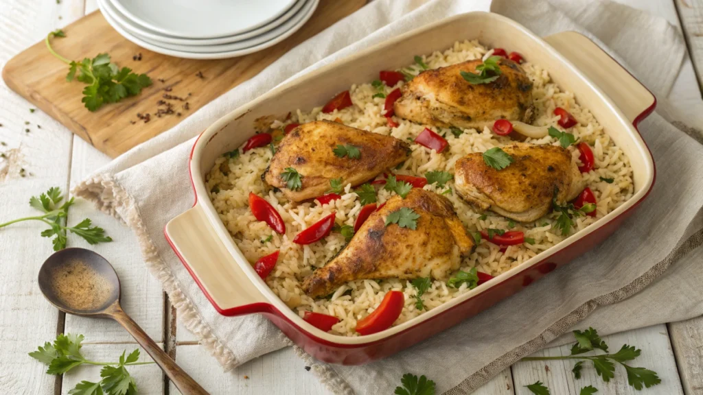 A rustic casserole dish of old-fashioned baked chicken with rice and pimentos, garnished with fresh parsley.