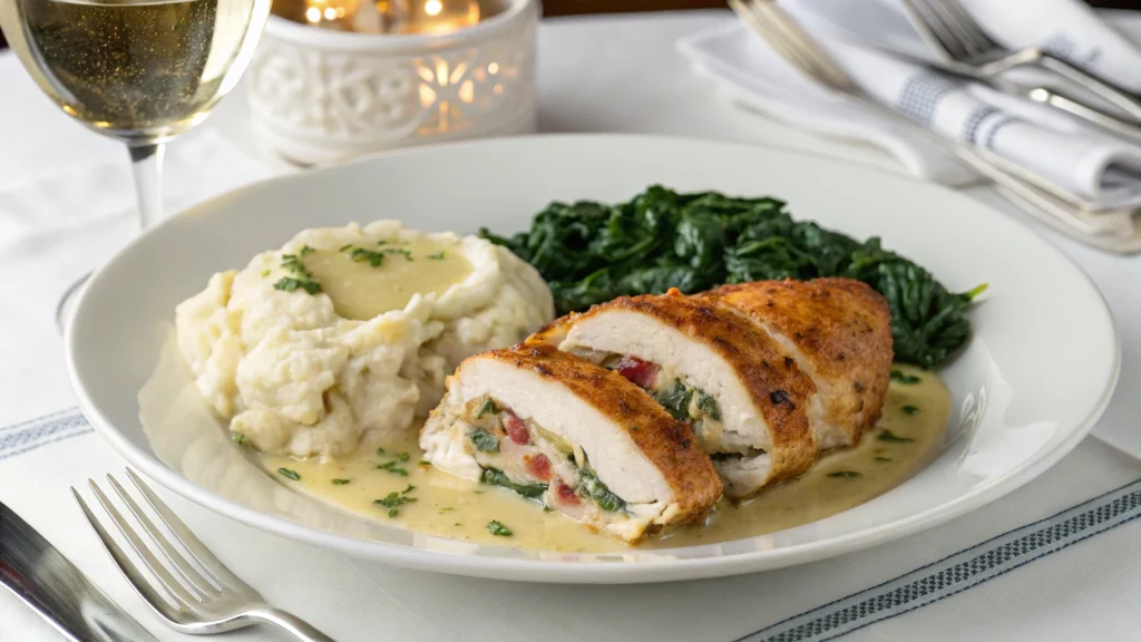 Close-up of Ruth Chris stuffed chicken served with creamy spinach and mashed potatoes, showcasing the rich cheese filling.