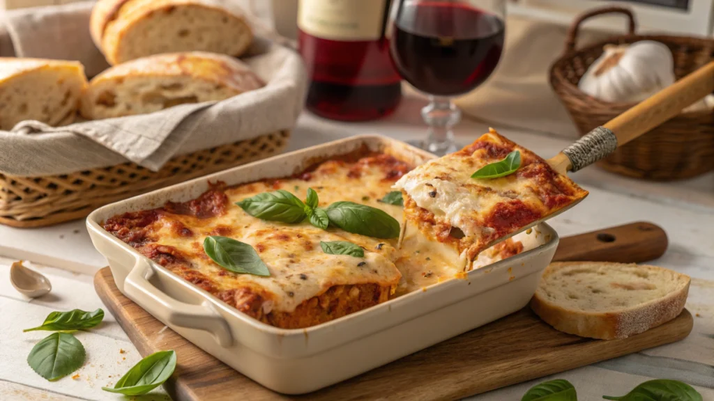 Close-up of a freshly baked San Giorgio lasagna with golden, bubbly cheese and basil leaves in a rustic baking dish