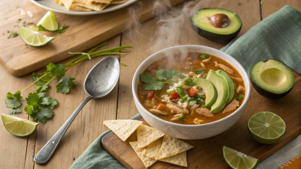 Pot of spicy chicken soup with rice simmering on a stovetop with fresh ingredients nearby