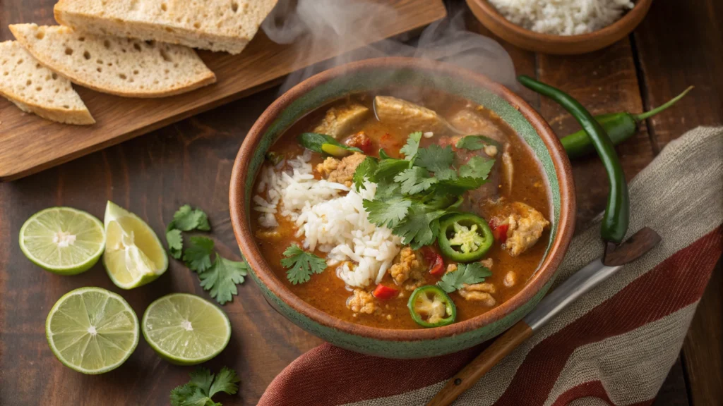 Steaming bowl of spicy chicken soup with rice, garnished with cilantro and jalapeños on a wooden table.