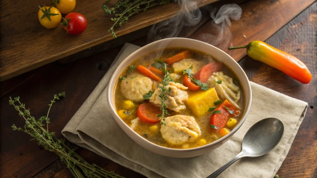 Steaming bowl of Jamaican chicken soup featuring chicken, dumplings, carrots, and yellow yam on a rustic wooden table.