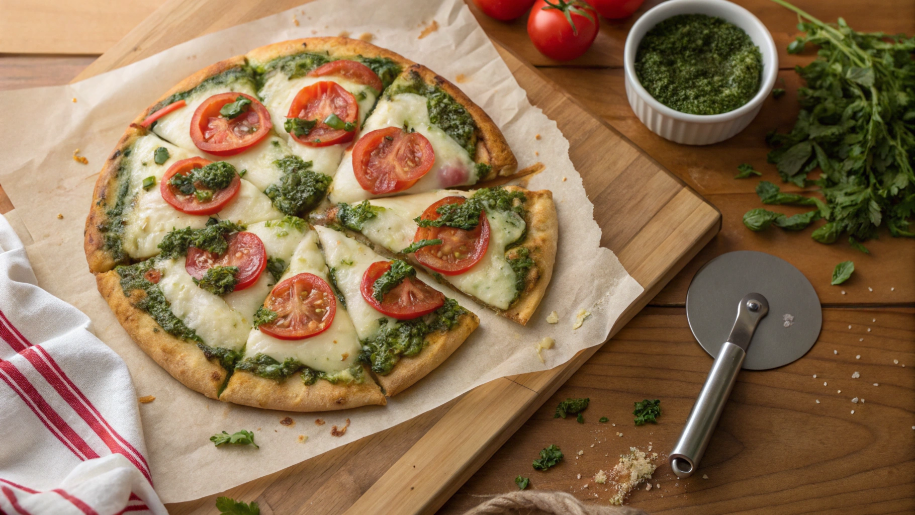 Freshly baked chimichurri pizza with sweet tomatoes and mozzarella on a wooden cutting board.