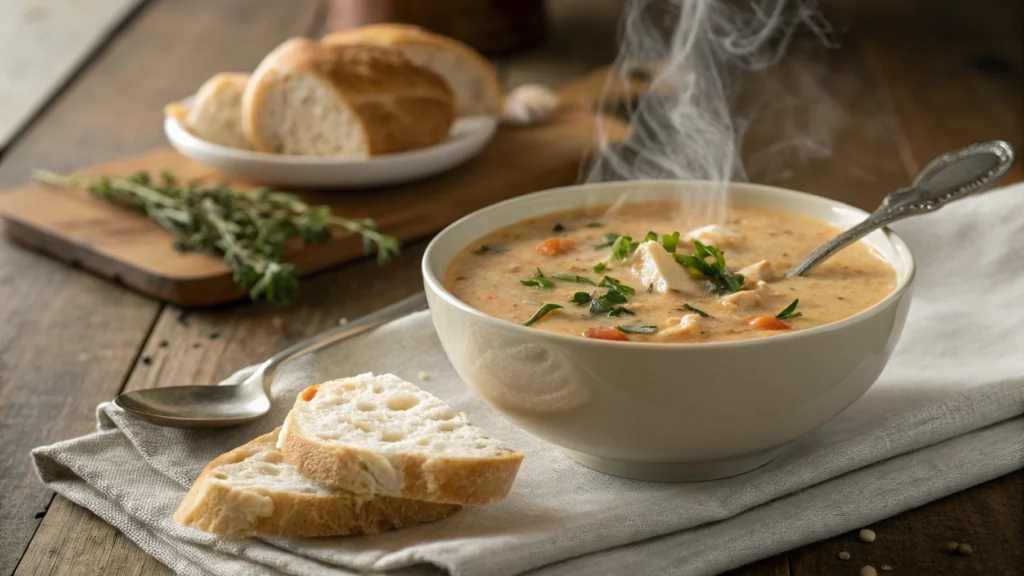 Bowl of smoky chicken bisque with fresh herbs and crusty bread on a rustic table