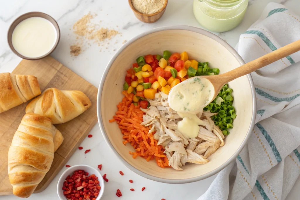 hredded chicken, mixed vegetables, and creamy sauce being stirred in a mixing bowl for pot pie.