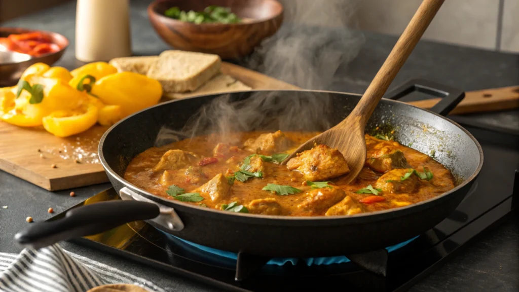 Churu chicken simmering in amarillo sauce on a stovetop with steam rising.