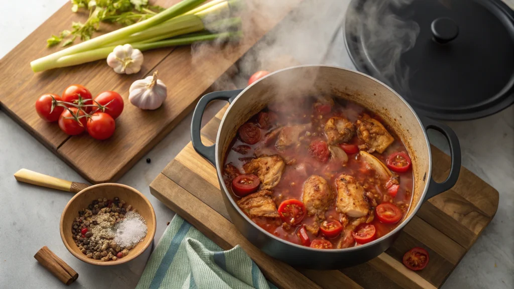 Fire-roasted tomatoes and smoked chicken simmering in a pot for bisque