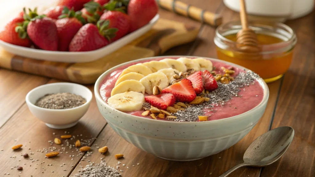 A smoothie bowl made with Carnation Instant Breakfast powder, topped with bananas, strawberries, chia seeds, and honey on a wooden table