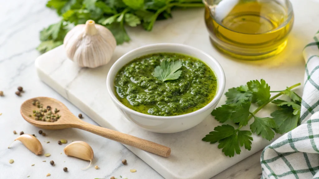 Fresh chimichurri sauce in a small bowl garnished with parsley and cilantro.