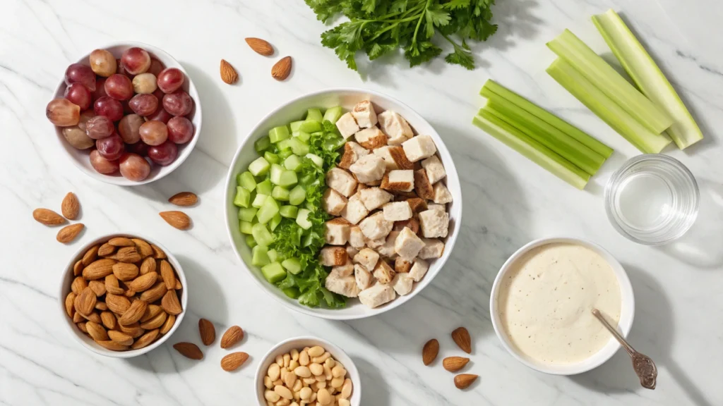 Fresh ingredients for Panera chicken salad, including diced chicken, grapes, celery, almonds, and creamy dressing on a marble countertop.