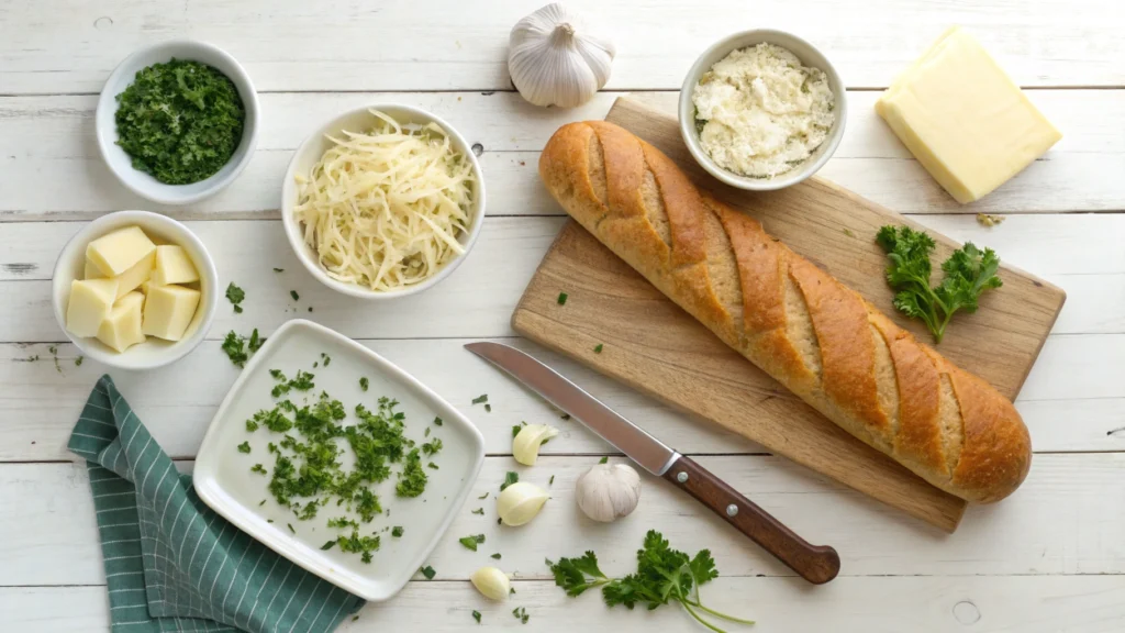 Fresh ingredients for garlic cheese bread including bread, cheese, garlic, butter, and parsley arranged on a wooden table.