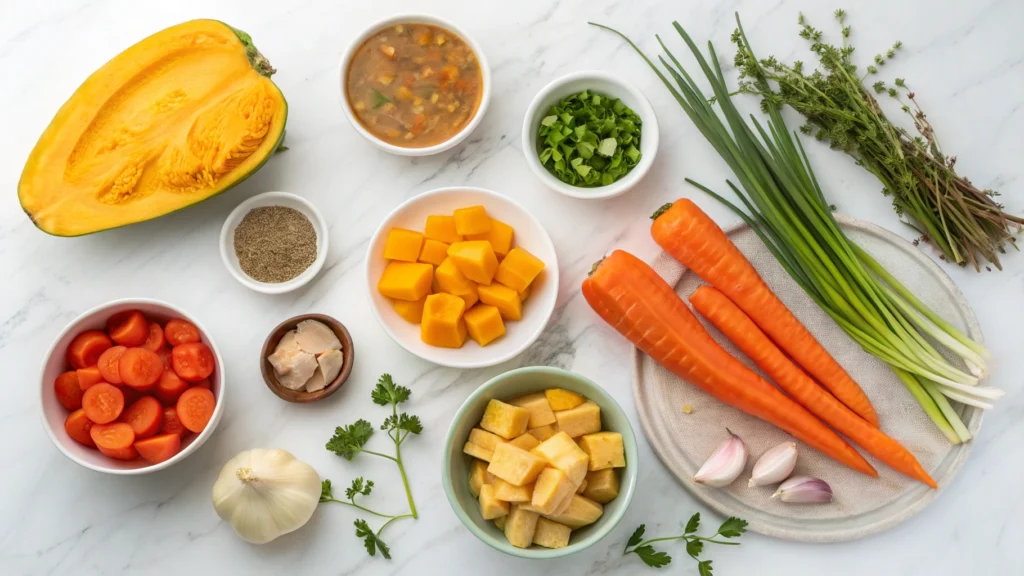 Fresh ingredients for Jamaican chicken soup, including yam, pumpkin, carrots, chayote, thyme, and scallions, arranged on a counter