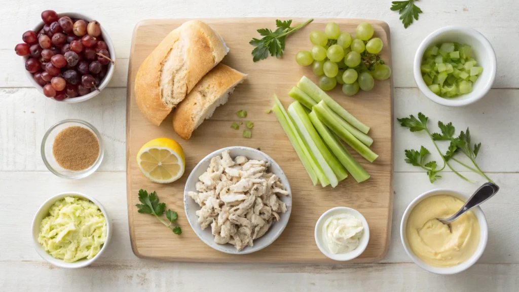 Ingredients for Panera bread chicken salad including chicken, celery, grapes, and dressing on a cutting board.