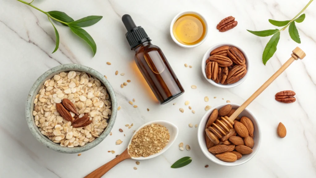 Ingredients for vanilla nut granola including oats, nuts, honey, and vanilla extract arranged on a marble surface