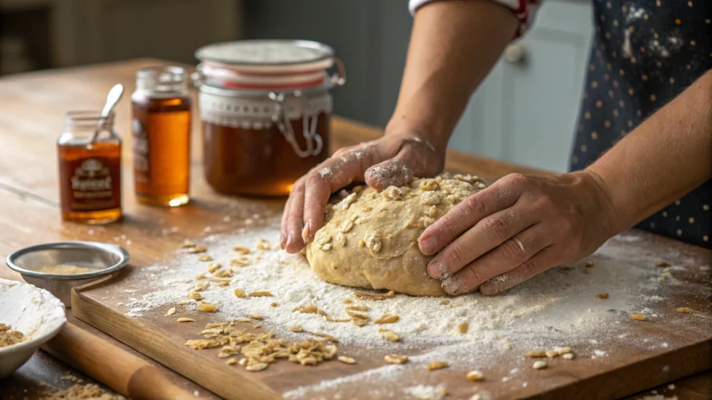 Hands kneading oat molasses bread dough on a floured surface, with jars of molasses and flour in the background.