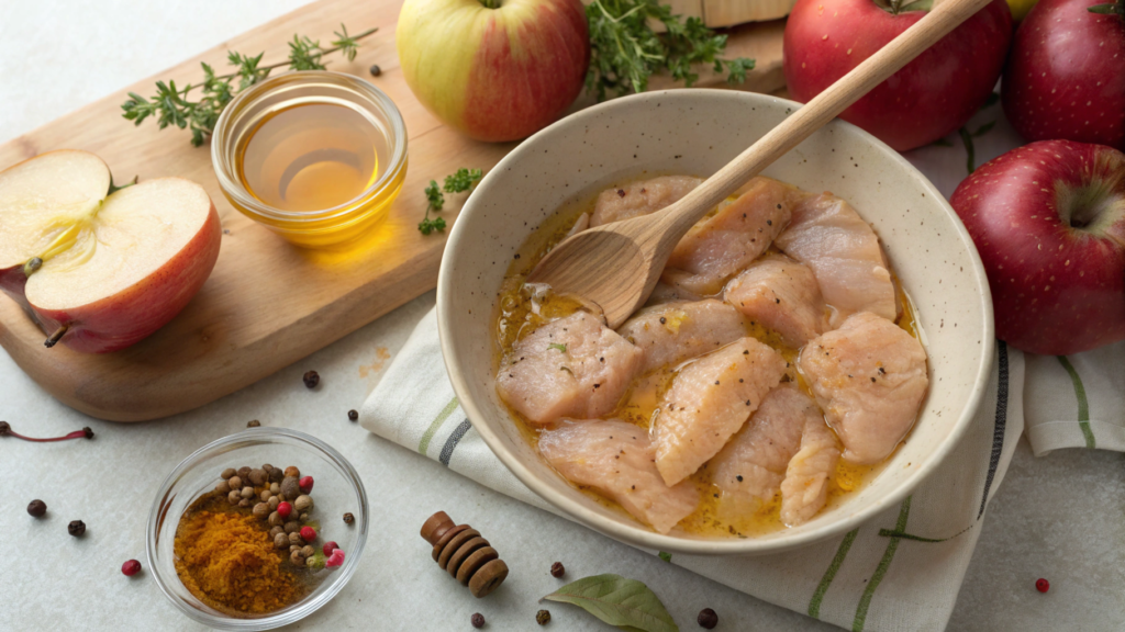 Raw chicken tenders marinating in a bowl with honey, garlic, and apples in the background.