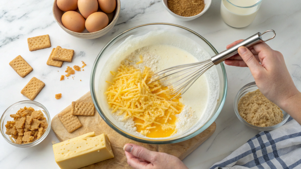 Mixing eggs, milk, cheese, and crushed crackers in a bowl for egg casserole preparation.