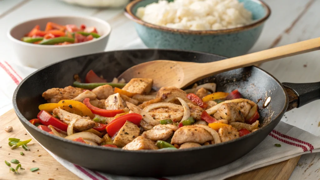 Close-up of a skillet with seared chicken and sautéed vegetables, ready for layering with rice and pimentos.