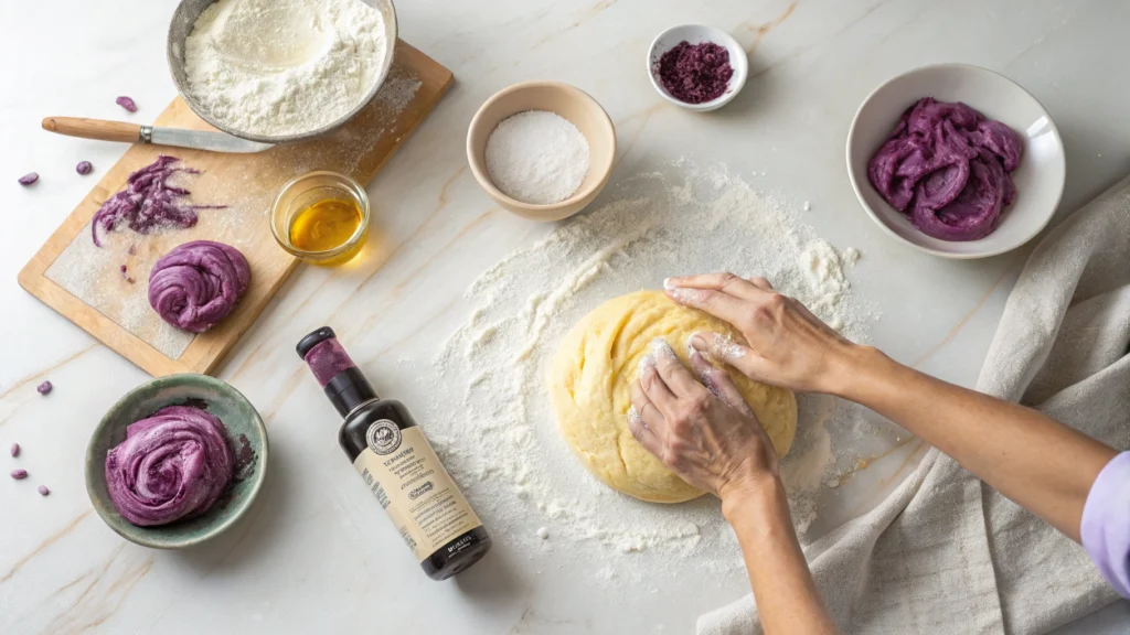 Hands kneading ube milk bread dough on a floured surface with ingredients like flour and ube extract nearby.