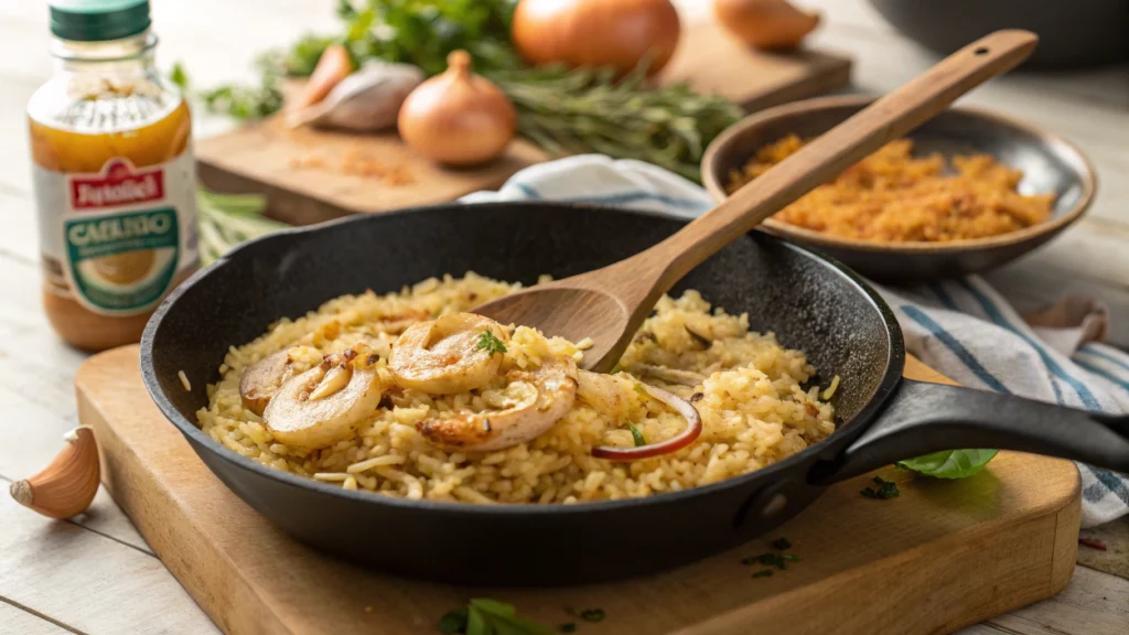 Close-up of golden toasted rice with sautéed onions and garlic in a skillet, with chicken broth and pimentos in the background.