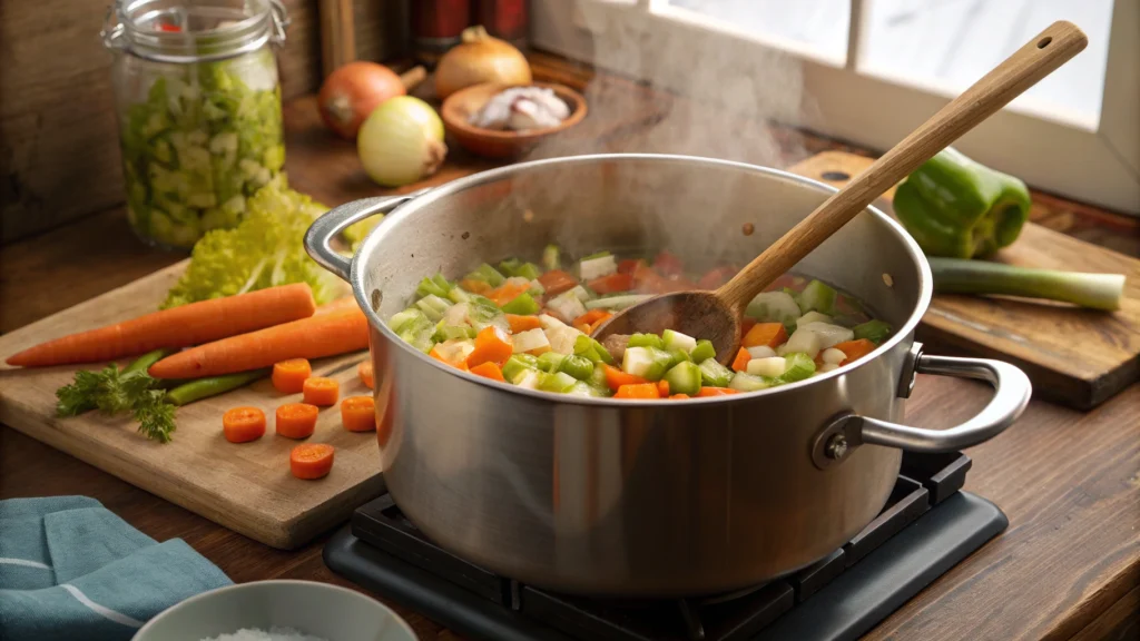 Sautéed vegetables including carrots, onions, and celery in a large pot for Carrabba’s chicken soup.