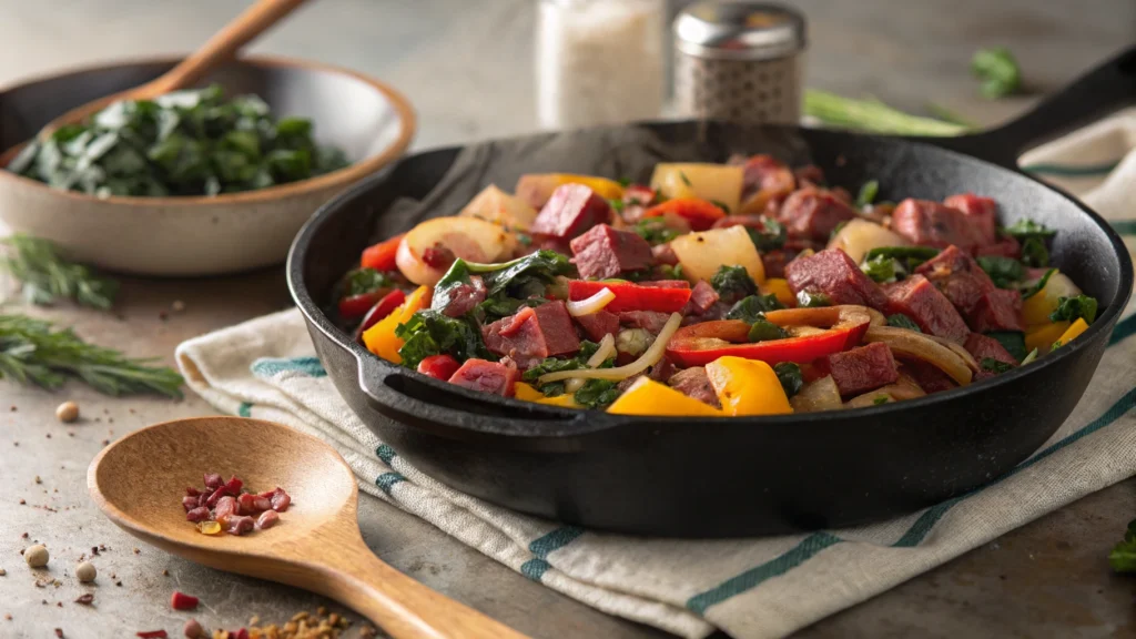 A skillet filled with canned corned beef breakfast hash, cooked with peppers, onions, and spinach