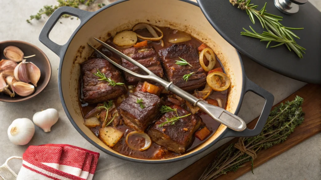 Dutch oven with beef short ribs searing in oxtail seasoning, surrounded by onions and herbs, with tongs flipping a rib.