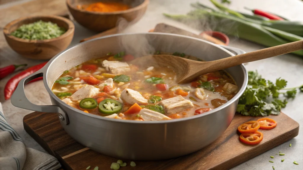 Pot of spicy chicken soup simmering on the stove with chicken, jalapeños, and rice.