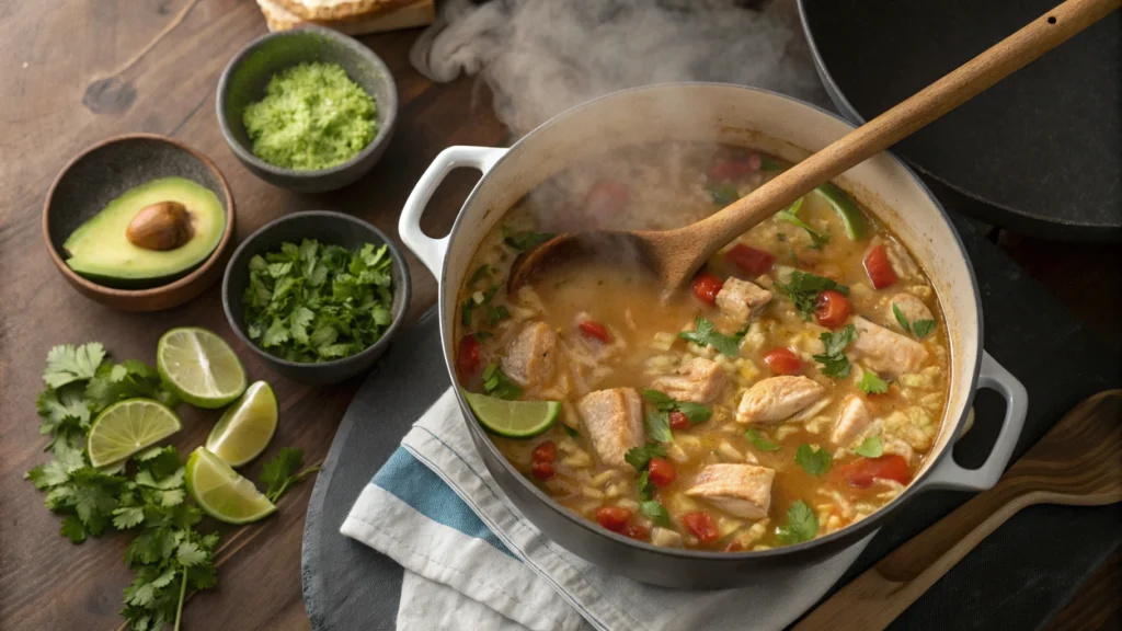 Pot of spicy chicken soup with rice simmering on a stovetop with fresh ingredients nearby