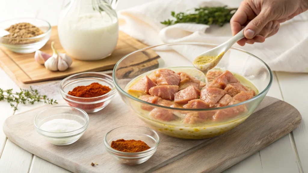 Close-up of marinated chicken pieces in pickle juice and milk, surrounded by seasonings for Chick Fil A grilled nuggets.