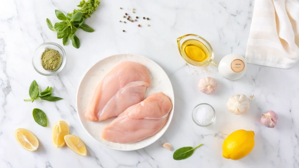 Raw chicken breasts being tenderized and marinated with olive oil, lemon, and ranch dressing for parmesan crusted chicken.