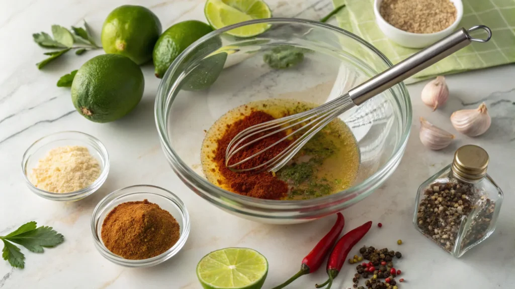 A glass bowl with marinade ingredients – lime juice, garlic, and chili powder – being whisked on a kitchen counter.