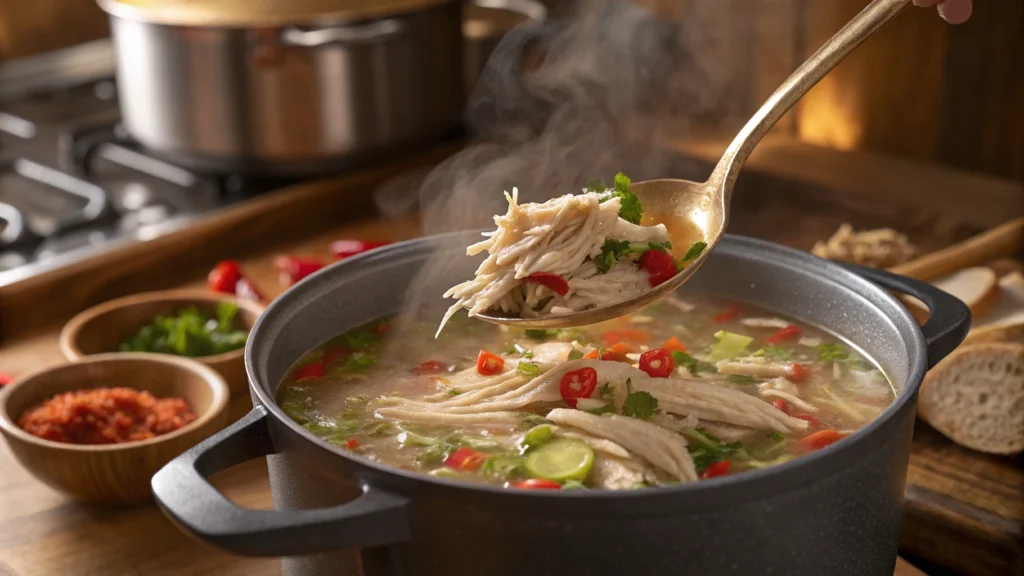 Shredded chicken being added to a pot of simmering Carrabba’s chicken soup with vegetables and broth.