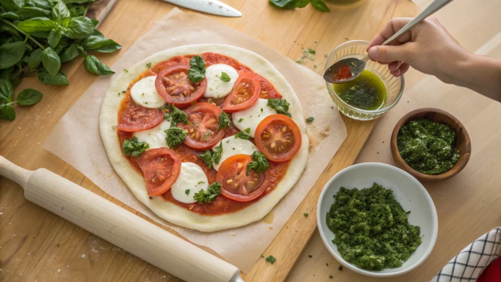 Partially assembled chimichurri pizza with sweet tomatoes and mozzarella being topped with sauce.