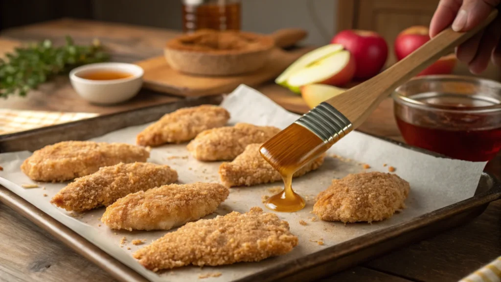 Breaded chicken tenders on a baking sheet being glazed with honey and apple sauce.