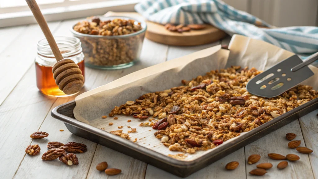 Tray of vanilla nut granola being spread onto a baking sheet, ready for the oven