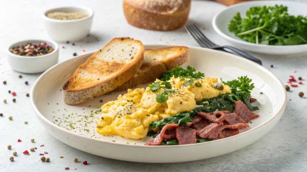 A plated breakfast with scrambled eggs, canned corned beef, melted cheese, and sautéed greens.