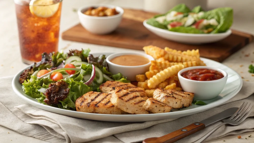 A dinner plate with Chick Fil A grilled nuggets, mixed greens salad, waffle fries, and dipping sauces