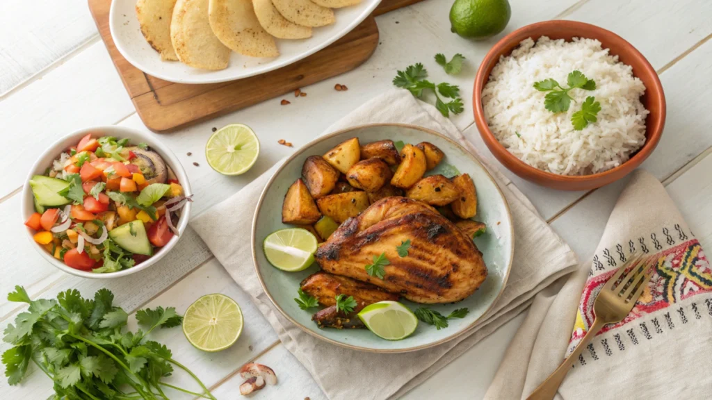 Churu chicken amarillo served with potatoes, salad, and rice on a family dining table.