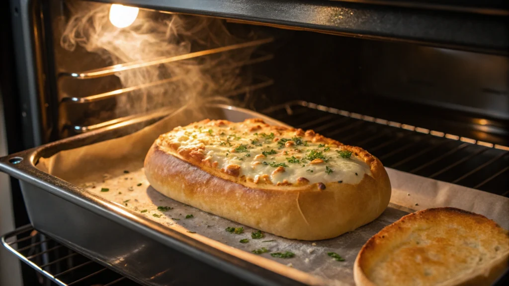 Garlic cheese bread baking in the oven with cheese melting and bubbling to golden perfection.