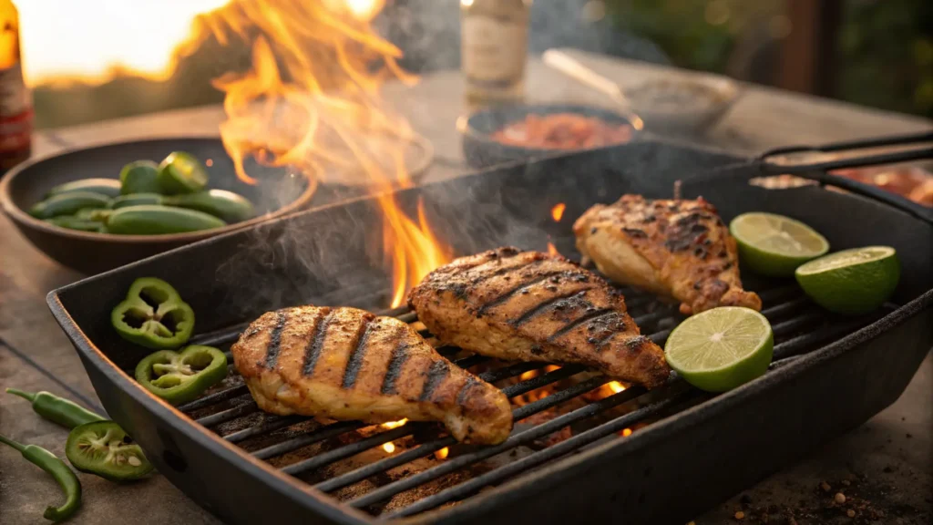 Marinated chicken pieces sizzling over open flames on a grill with lime and jalapeños on the side.