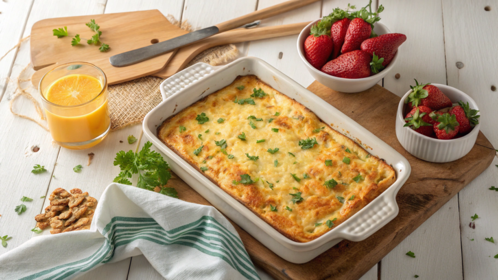 Unbaked egg casserole layered with cheese and crackers, prepped in a baking dish before going into the oven.