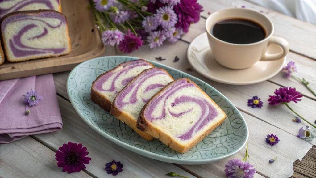 Marbled ube milk bread slices on a plate with decorative flowers and a cup of coffee nearby.