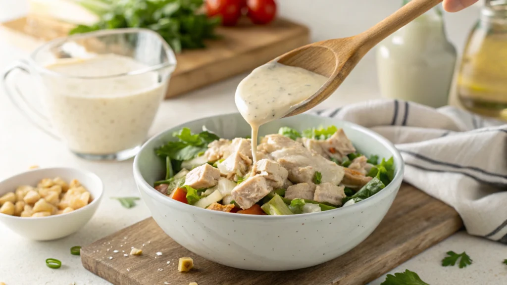 Mixing Panera bread chicken salad with grapes, celery, and dressing in a large bowl.