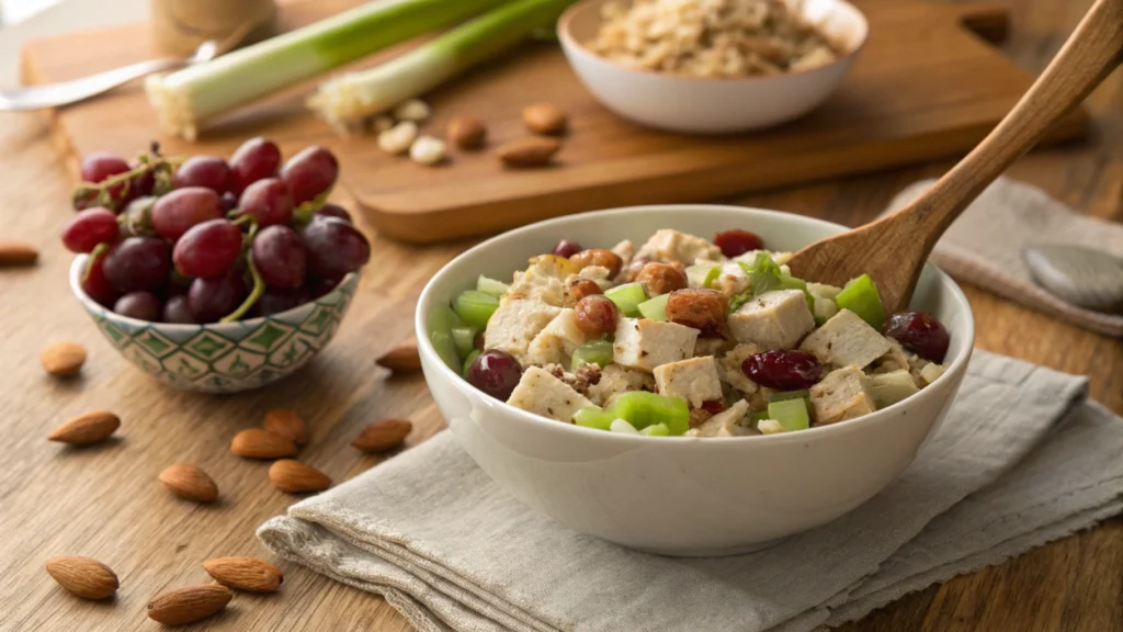 Mixing bowl with Panera chicken salad ingredients, including chicken, grapes, and almonds, stirred with a wooden spoon.